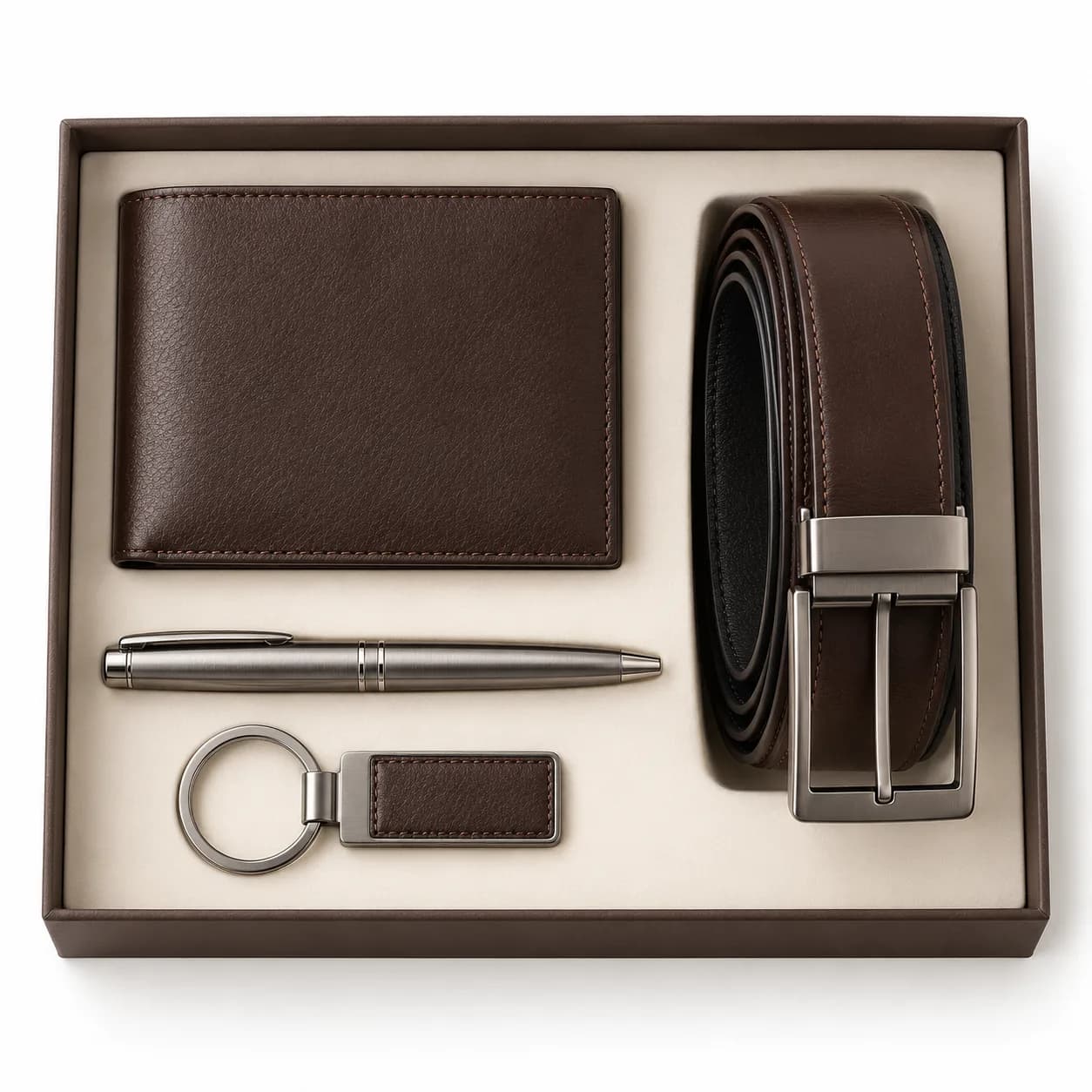 Kit portafoglio, cintura, penna e portachiavi