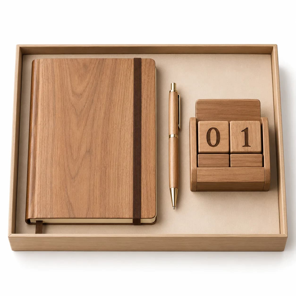 Kit agenda, penna e calendario in legno