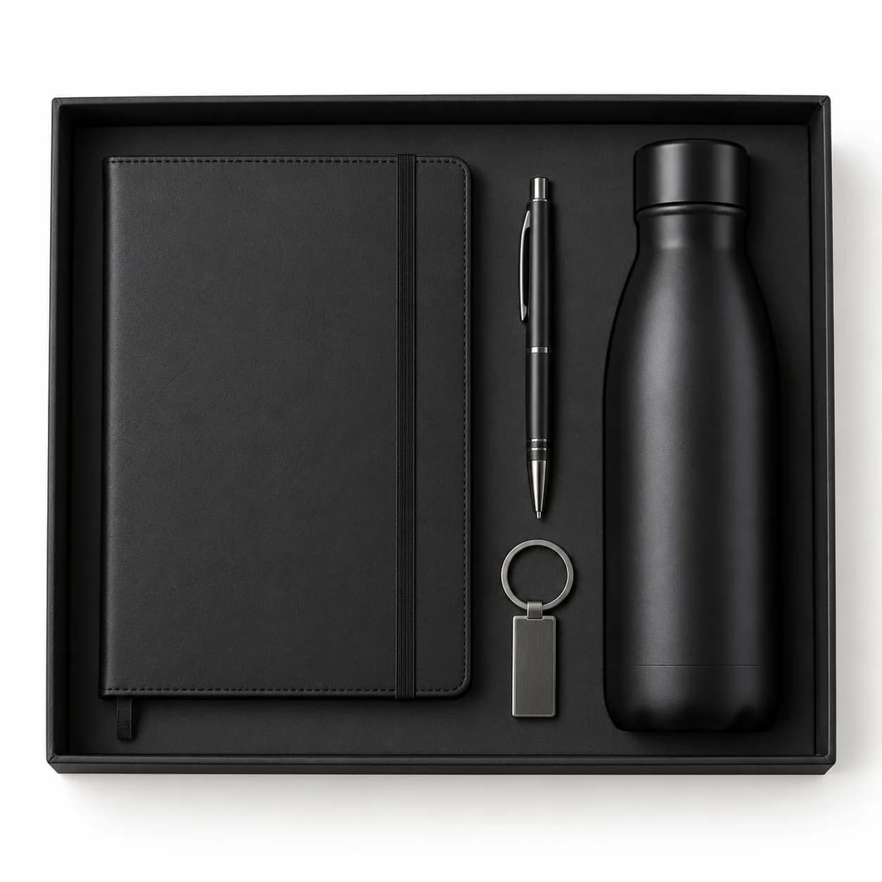 Kit quaderno, penna, portachiavi e borraccia